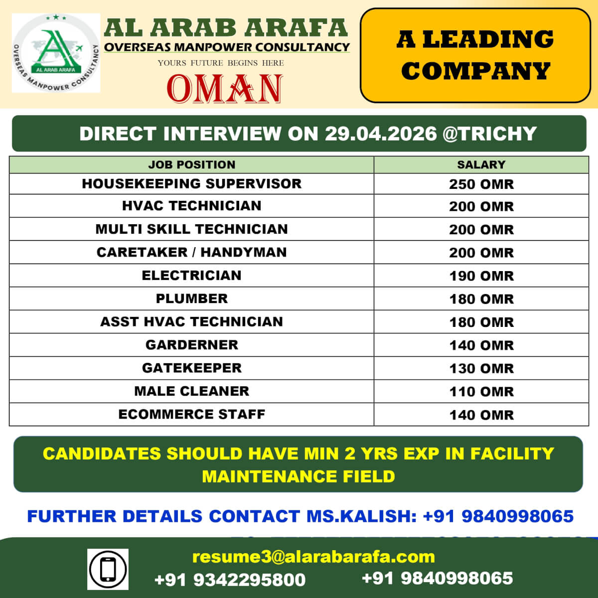 DIRECT INTERVIEW ON 29.04.2026 @TRICHY