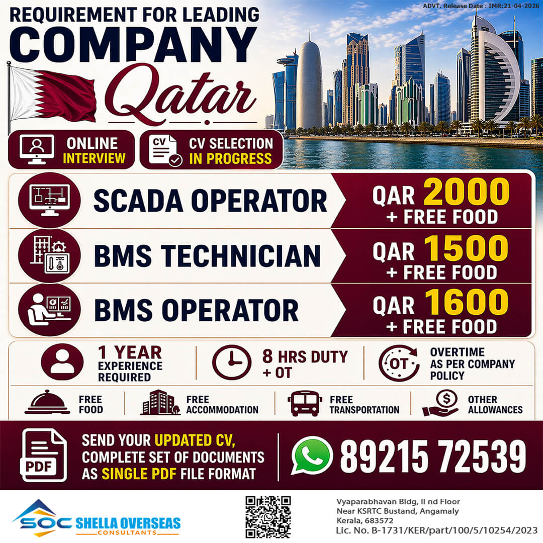 SCADA Operator, BMS Technician, BMS Operator Qatar