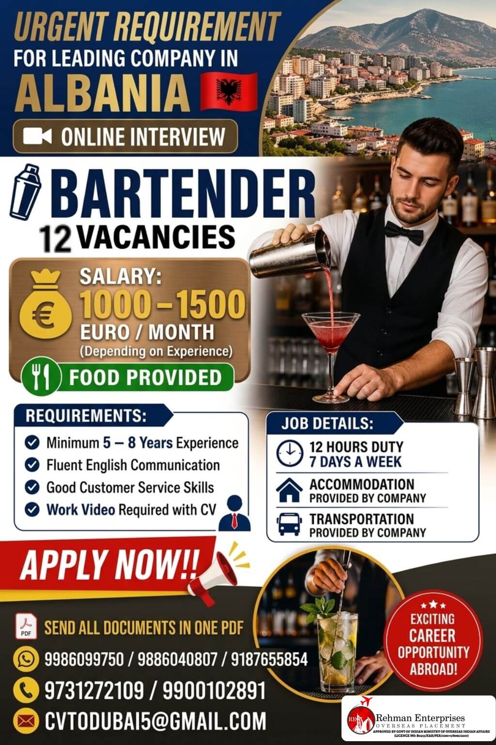 HIRING FOR LEADING RESTAURANT IN ALBANIA