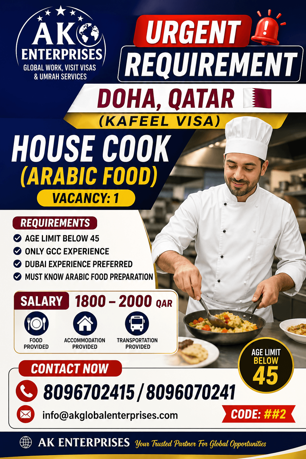 Urgent requirement for  Doha Qatar kafeel visa Arabic Cook