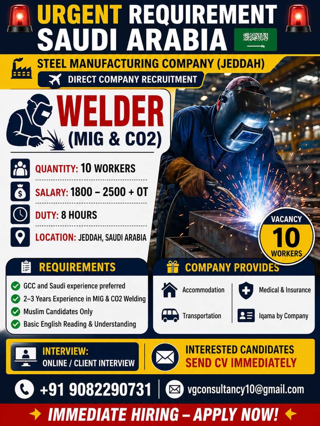 Urgent requirement for Saudi Arabia Steel Manufacturing Company – Jeddah