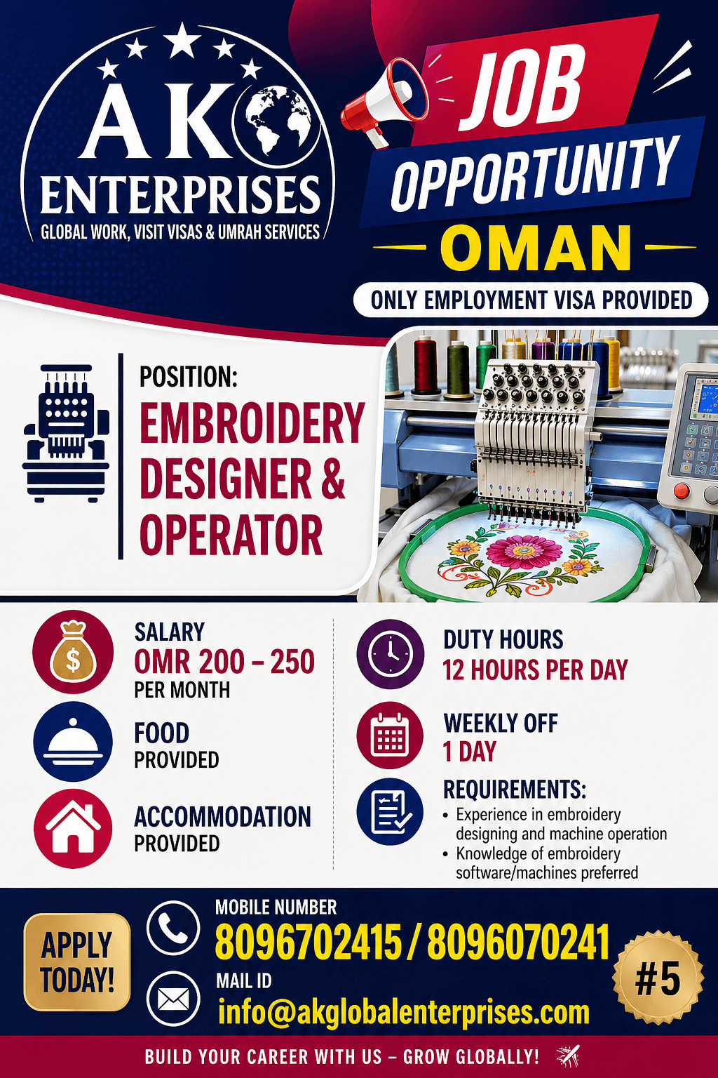 Job Opportunity – Oman Only employment visa provided  Position: Embroidery Designer & Operator