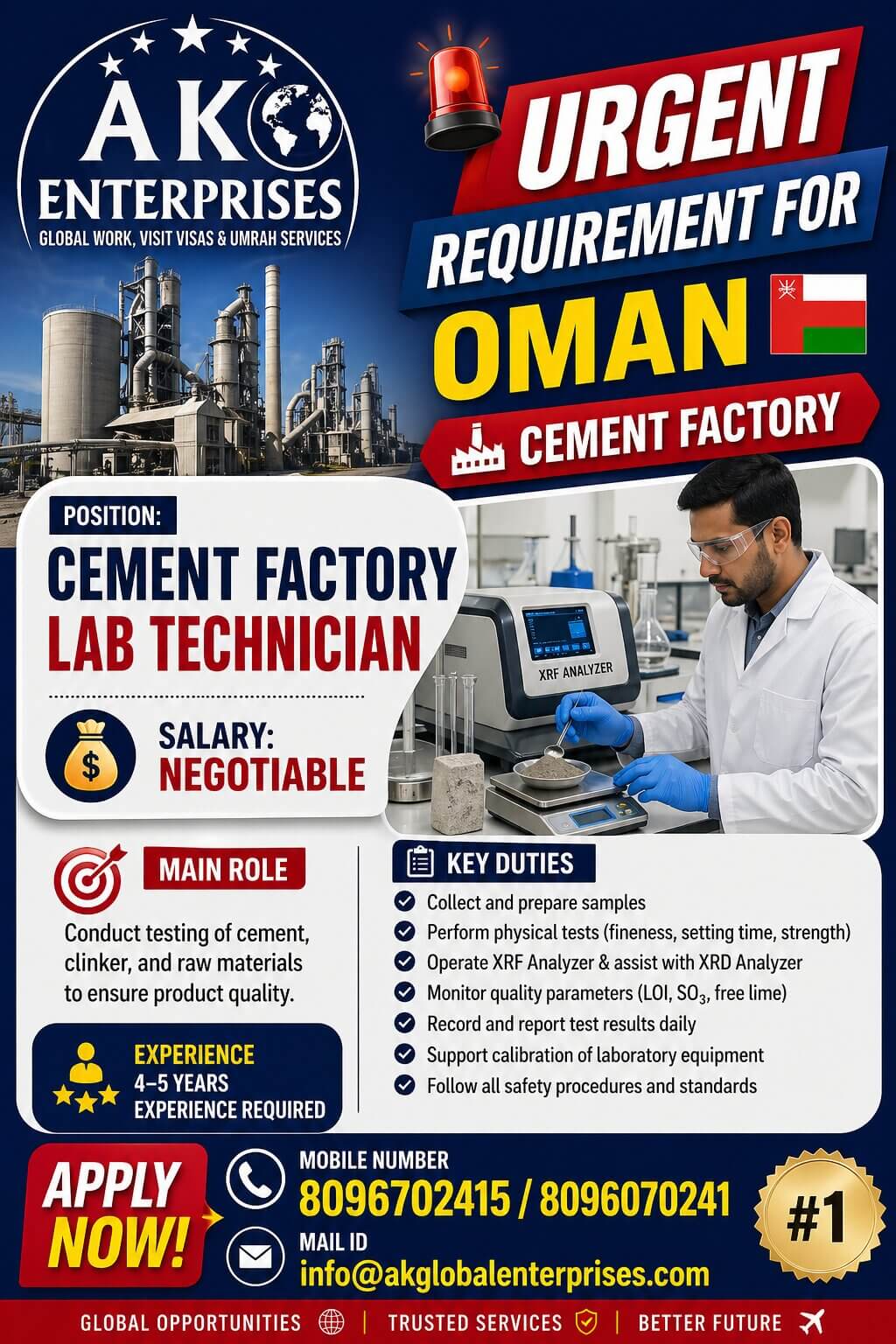 URGENT REQUIREMENT FOR OMAN ??  Cement Factory   Position: Cement Factory Lab Technician
