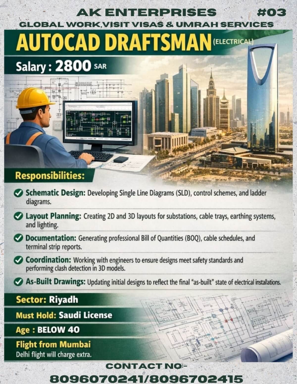 Urgently Hiring for AutoCAD Draftsman (Electrical) Location: Riyadh, Saudi Arabia