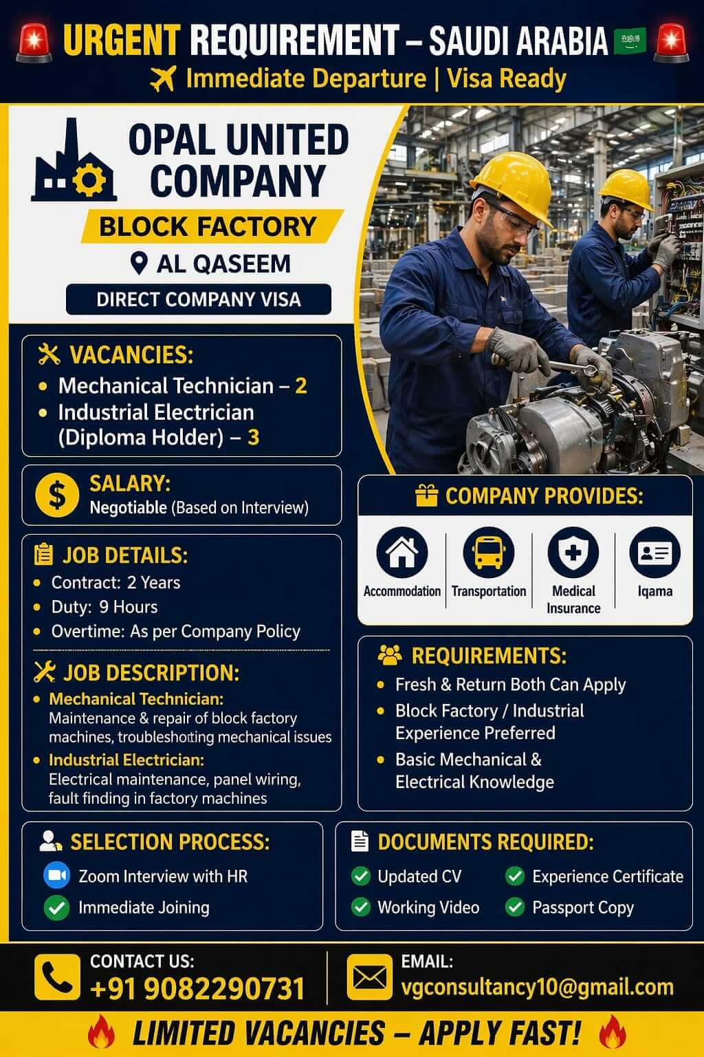 URGENT REQUIREMENT – SAUDI ARABIA Immediate Departure | Visa Ready