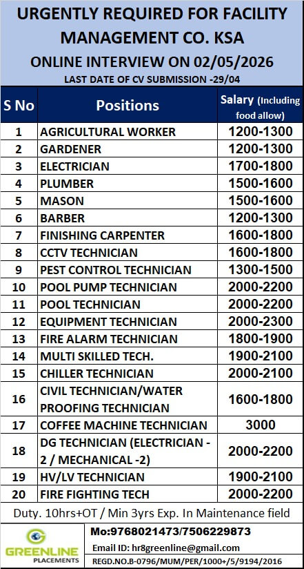 URGENTLY REQUIRED FOR FACILITY MANAGEMENT CO. KSA