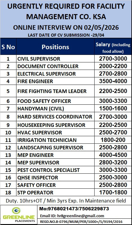 URGENTLY REQUIRED FOR FACILITY MANAGEMENT CO. KSA