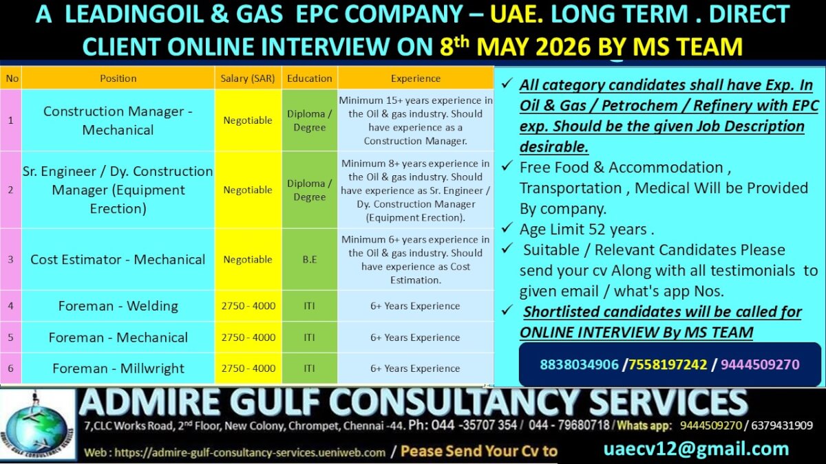 A  LEADING OIL & GAS EPC COMPANY -UAE LONG TERM . DIRECT CLIENT ONLINE INTERVIEW ON 8th MAY 2026 BY MS TEAM