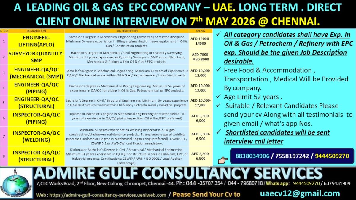 A LEADING OIL & GAS  EPC  COMPNAY -UAE LONG TERM . DIRECT CLIENT INTERVIEW ON 7th MAY 2026 @ CHENNAI
