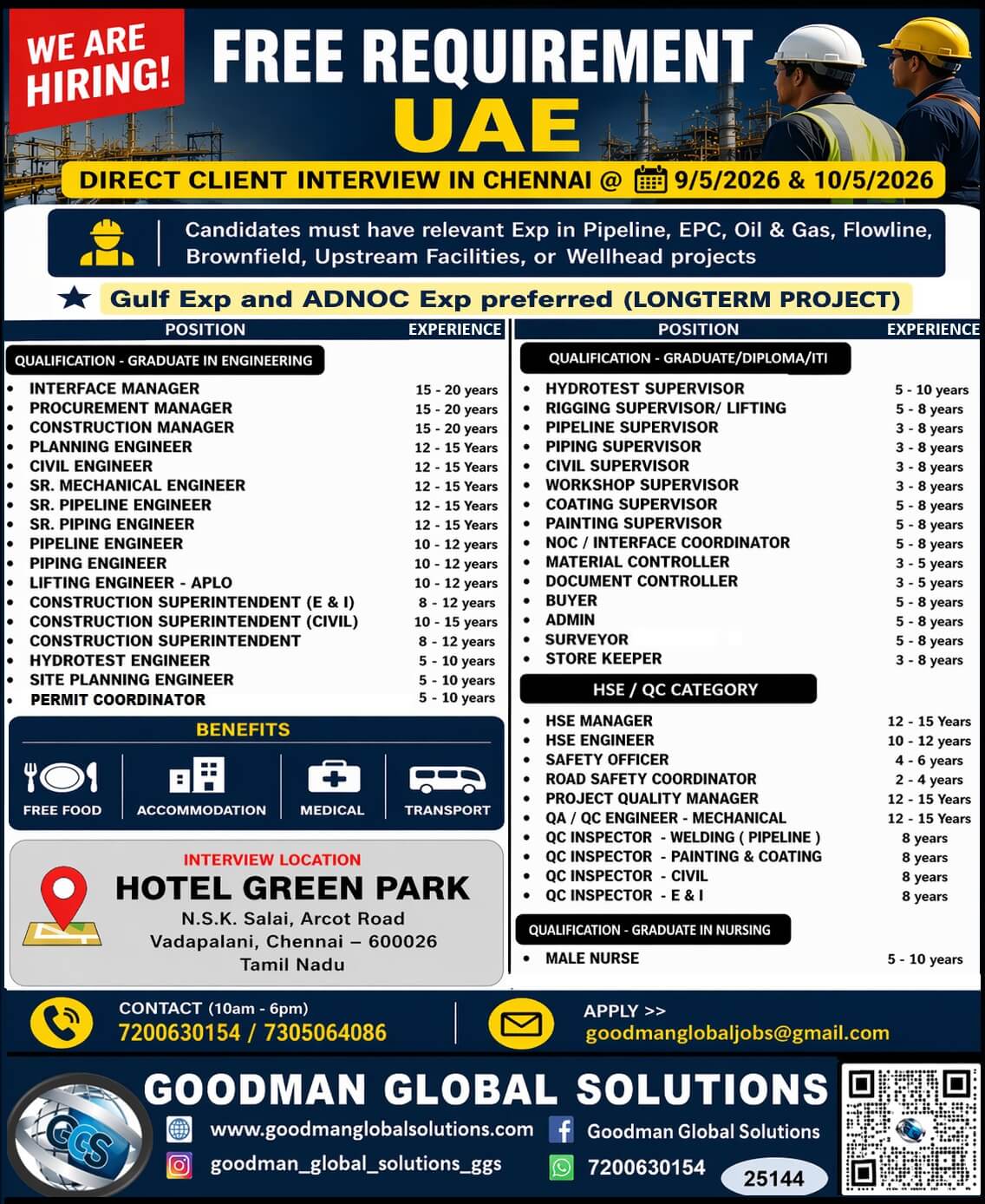 FREE REQUIREMENT -UAE - LONG TERM  DIRECT CLIENT  INTERVIEW IN CHENNAI @ 09-05-2026 & 10-05-2026