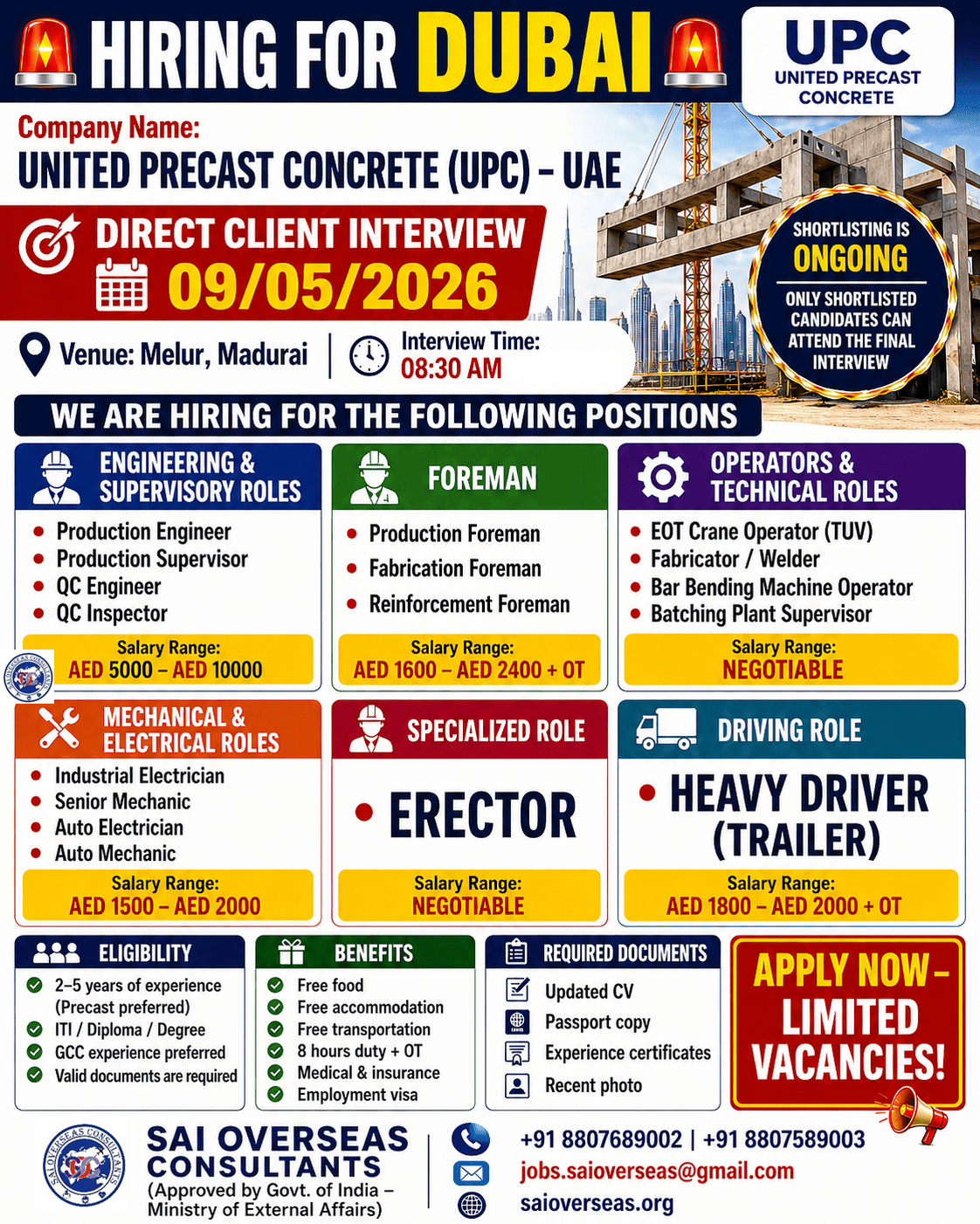 ? HIRING FOR DUBAI  ? Company Name: UNITED PRECAST CONCRETE (UPC) – UAE  ? Direct Client Interview – 09/05/2026  Place: Melur - Madurai