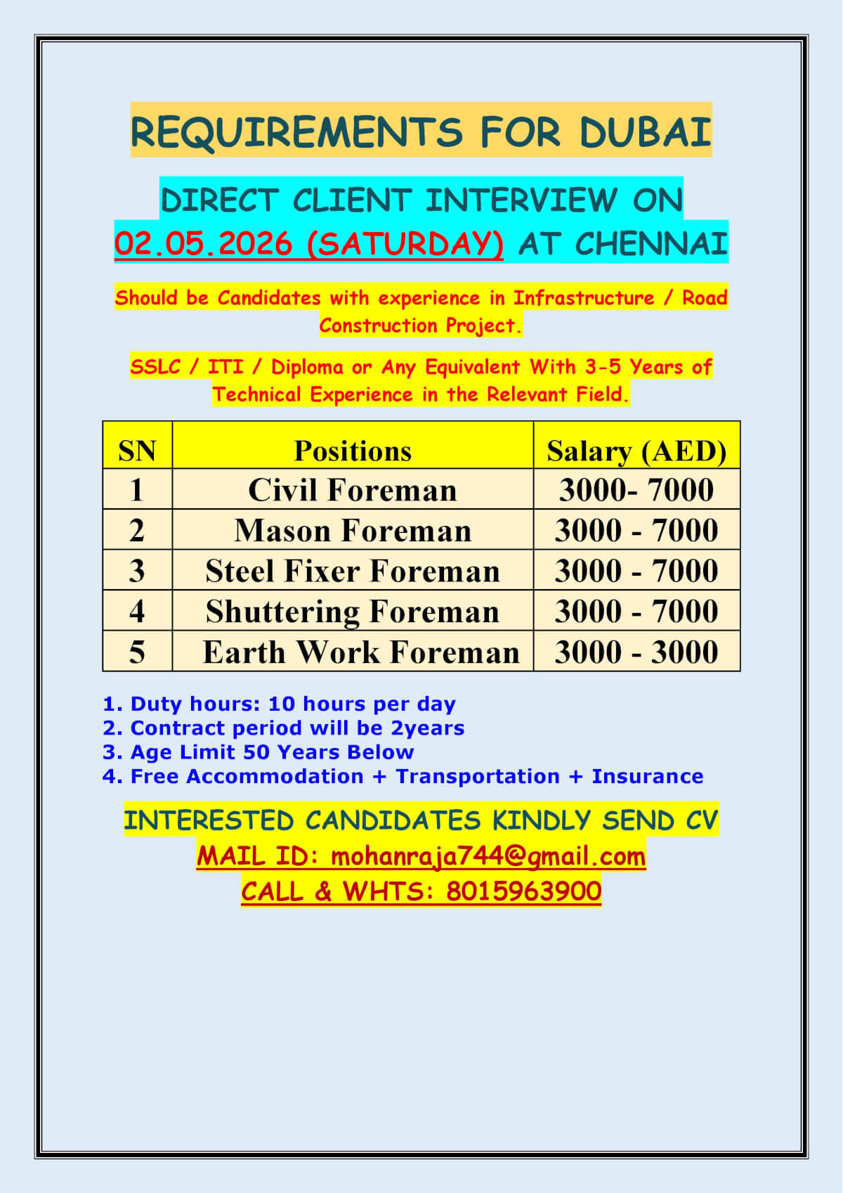 REQUIREMENTS FOR DUBAI  -  DIRECT CLIENT INTERVIEW ON 02.05.2026 (SATURDAY) AT CHENNAI