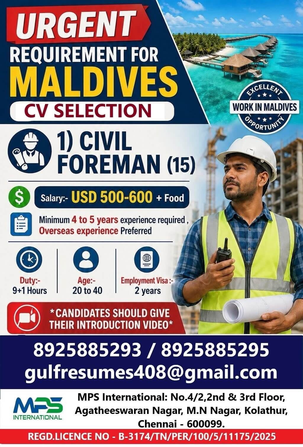 URGENT REQUIREMENT FOR MALDIVES CV SELECTION