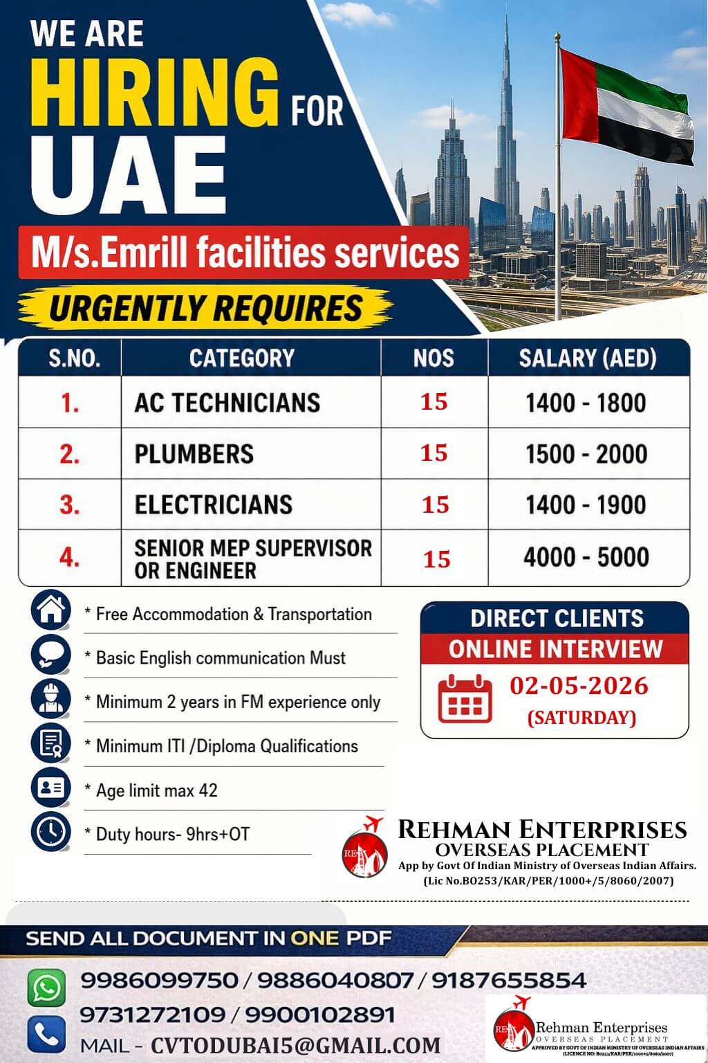 URGENT HIRING FOR M/S EMRILL FACILITIES SERVICES COMPANY IN UAE