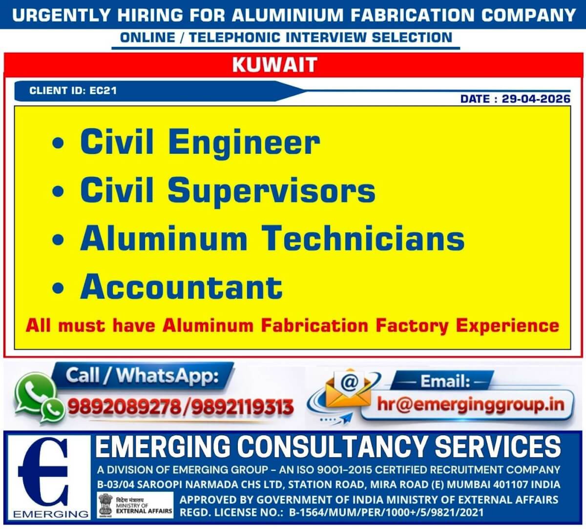 URGENT REQUIRED FOR KUWAIT - LEADING COMPANY