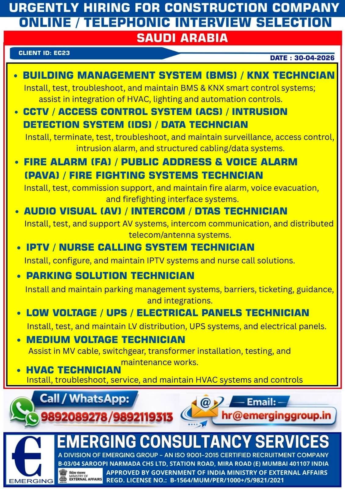 URGENT REQUIRED FOR LEADING COMPANY IN SAUDI ARABIA