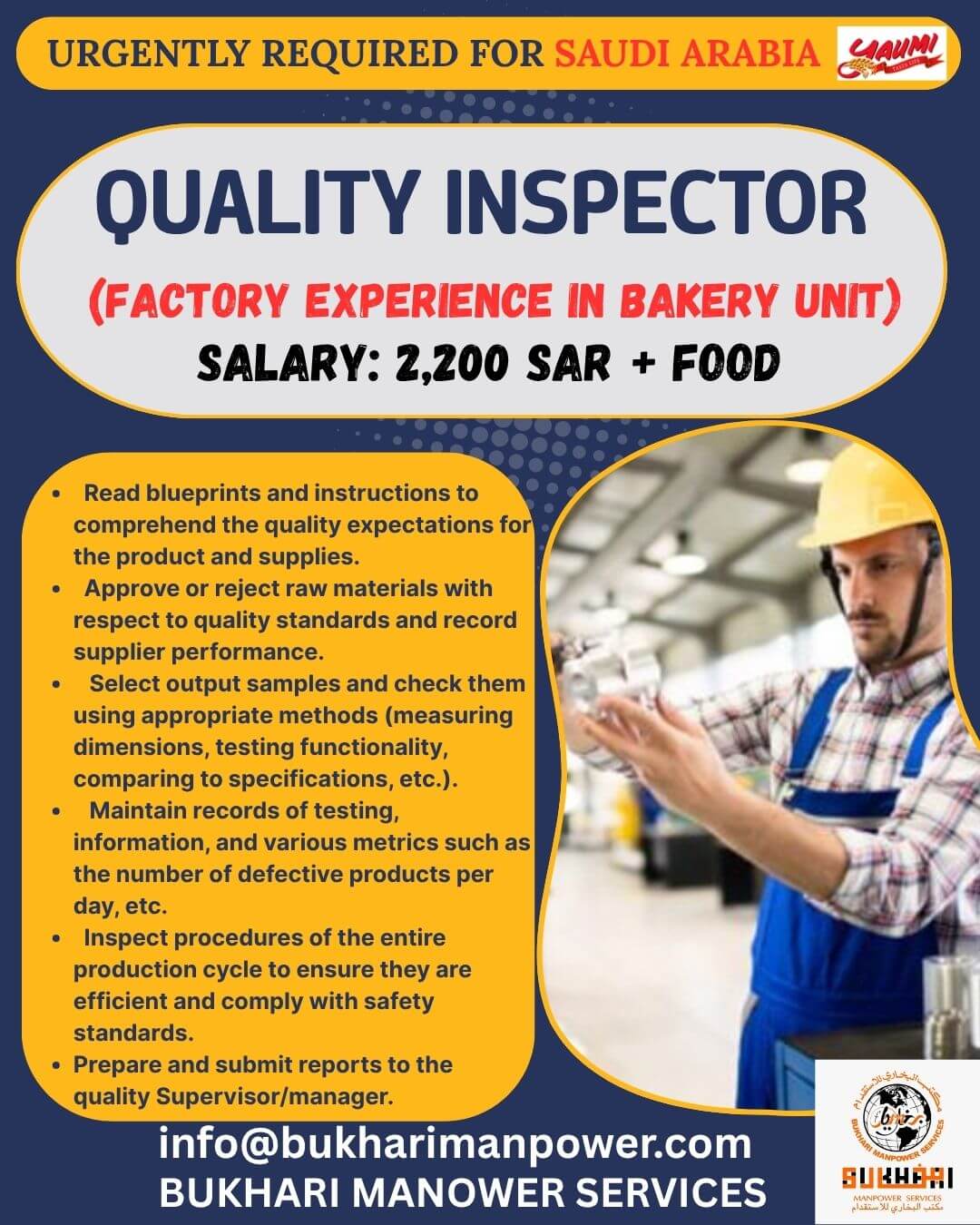 URGENTLY REQUIRED FOR SAUDI ARABIA - QUALITY INSPECTOR
