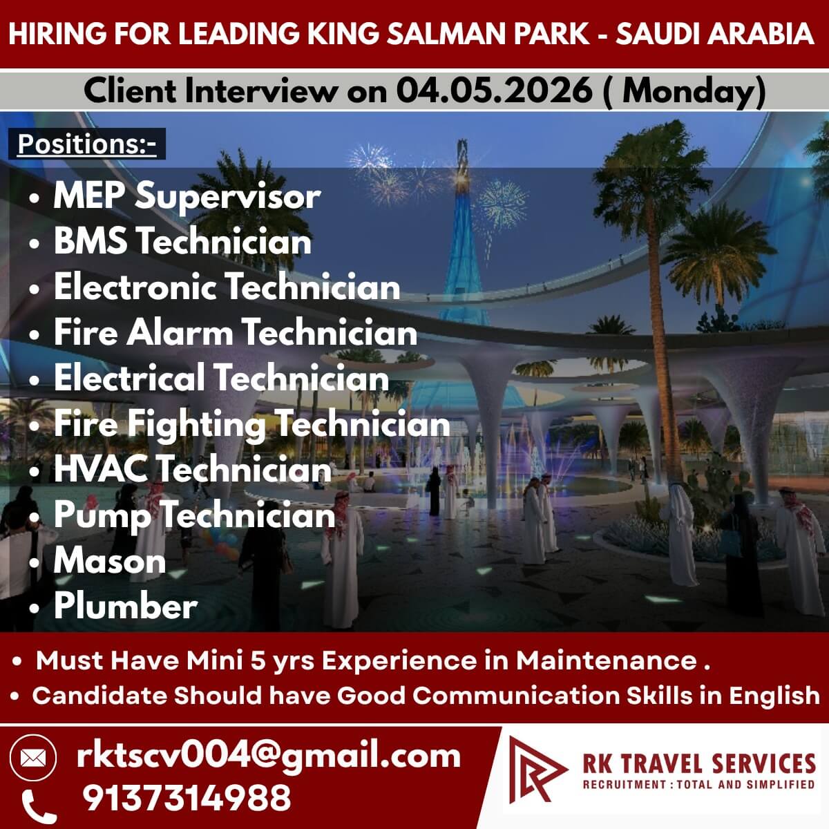 HIRING FOR LEADING KING SALMAN PARK - SAUDI ARABIA