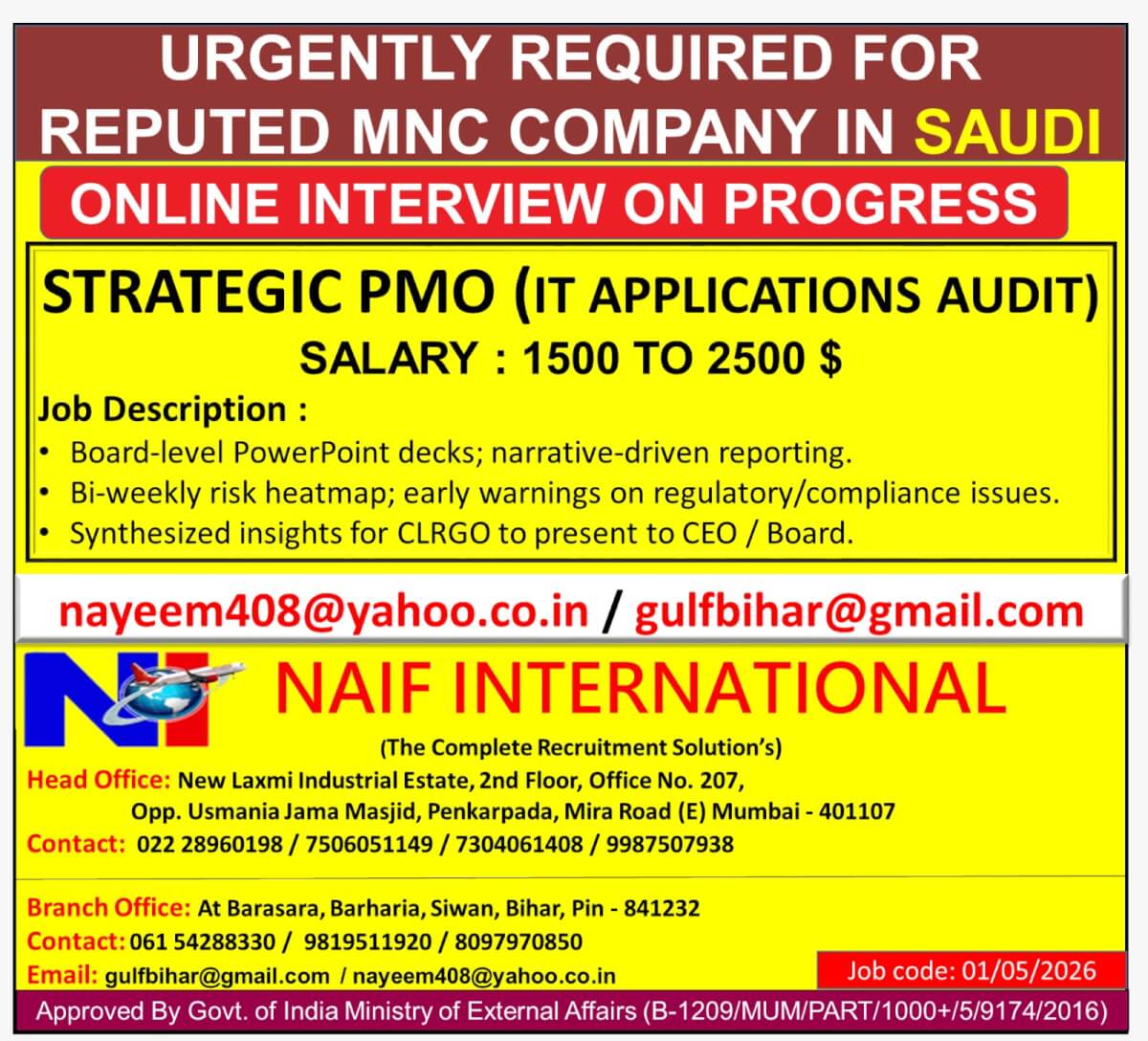 URGENTLY REQUIRED FOR REPUTED MNC COMPANY IN SAUDI