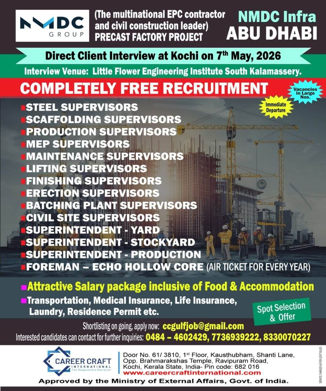 NMDC conducts a direct client interview at Kochi on 7th May, 2026 for Abu Dhabi -