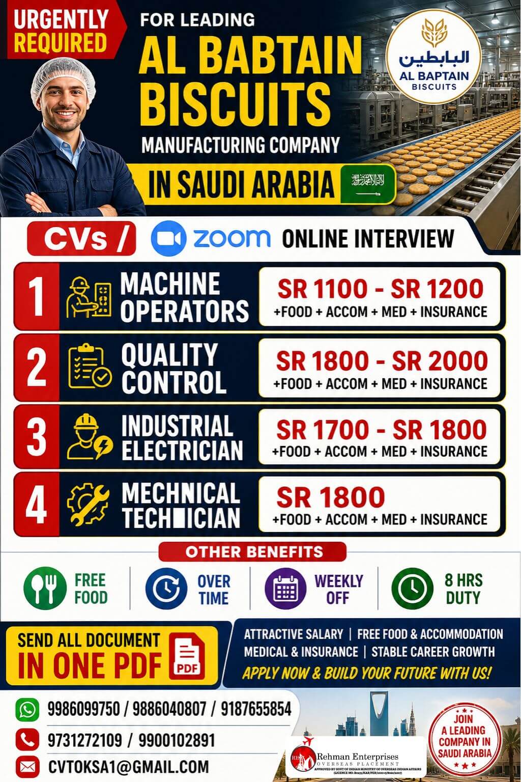 HIRING FOR AL BABTAIN BISCUTS MANUFACTURING COMPANY IN SAUDI ARABIA