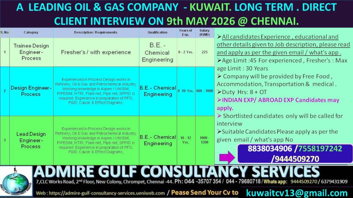A  LEADING OIL & GAS COMPANY -KUWAIT -LONG TERM . DIRECT CLIENT INTERVIEW ON 9th MAY 2026 @ CHENNAI.