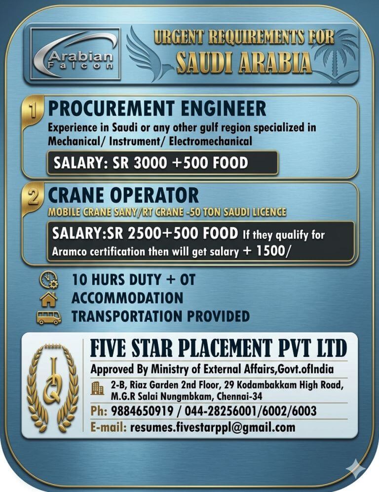 URGENT REQUIREMENT FOR SAUDI ARABIA