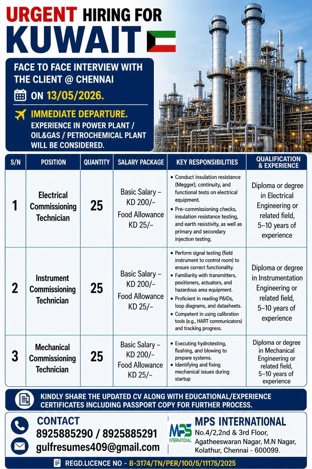 URGENT HIRING FOR KUWAIT  FACE TO FACE INTERVIEW WITH THE CLIENT @ CHENNAI ON 13/05/2026