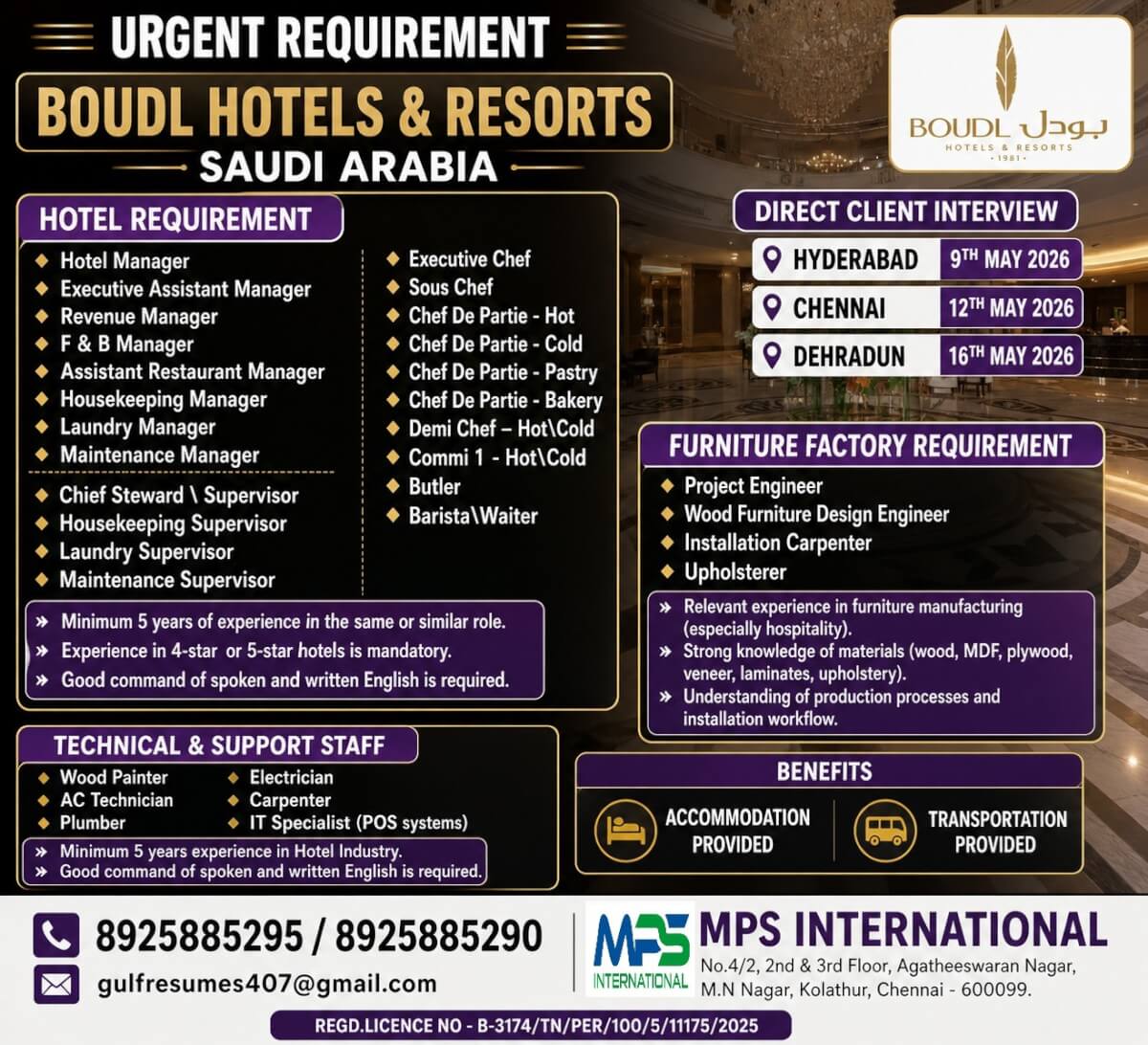 URGENT REQUIREMENT BOUDL HOTELS & RESORTS SAUDI ARABIA DIRECT CLIENT INTERVIEW Hyderabad – 9th May 2026 Chennai – 12th May 2026 Dehradun – 16th May 2026