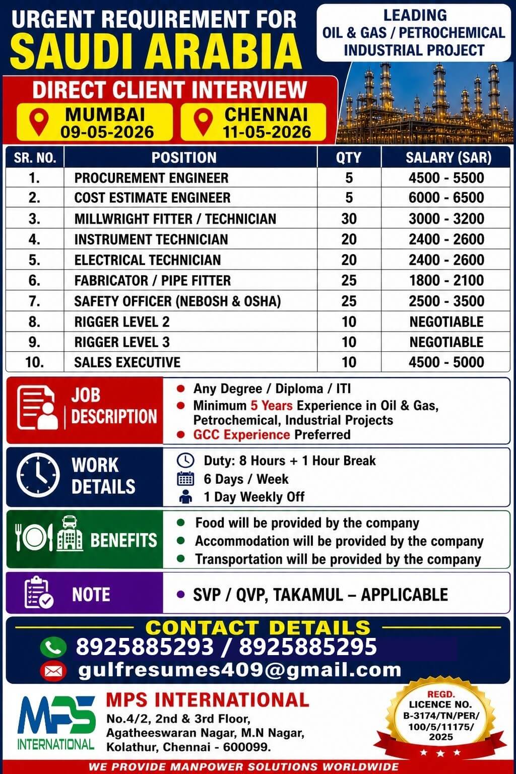 URGENT REQUIREMENT FOR SAUDI ARABIA  DIRECT CLIENT INTERVIEW  MUMBAI – 09-05-2026  CHENNAI – 11-05-2026  LEADING OIL & GAS / PETROCHEMICAL INDUSTRIAL PROJECT