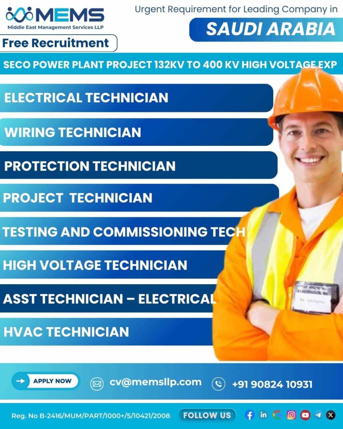We are hiring for a leading company for the SECO Power Plant Project (132kV to 400kV – High Voltage).