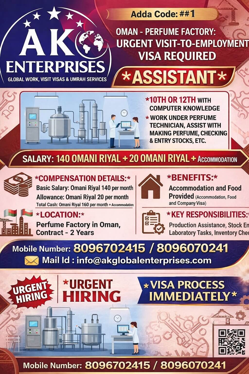 Urgent Hiring Assistant – Perfume Factory (Oman) Visit-to-Employment Visa