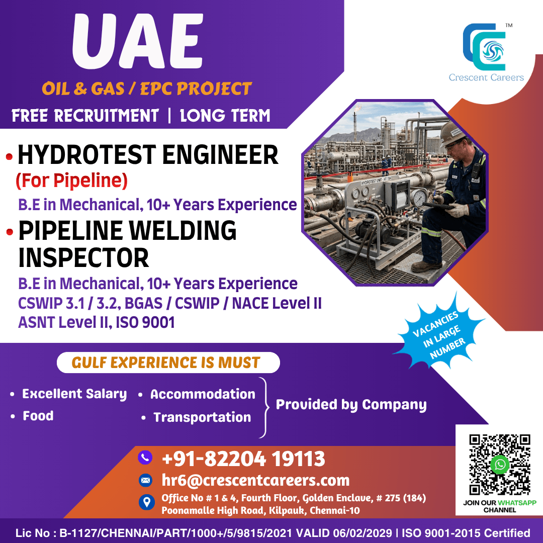 HYDROTEST ENGINEER / PIPELINE WELDING INSPECTOR