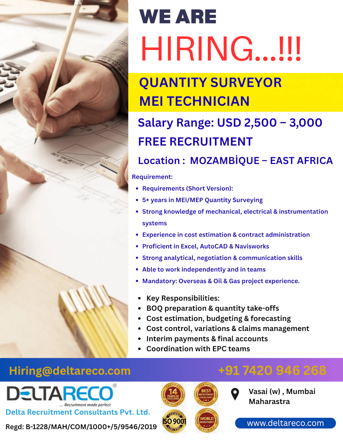 Hiring  Quantity Surveyor MEI  Technician for  mozambique East Africa