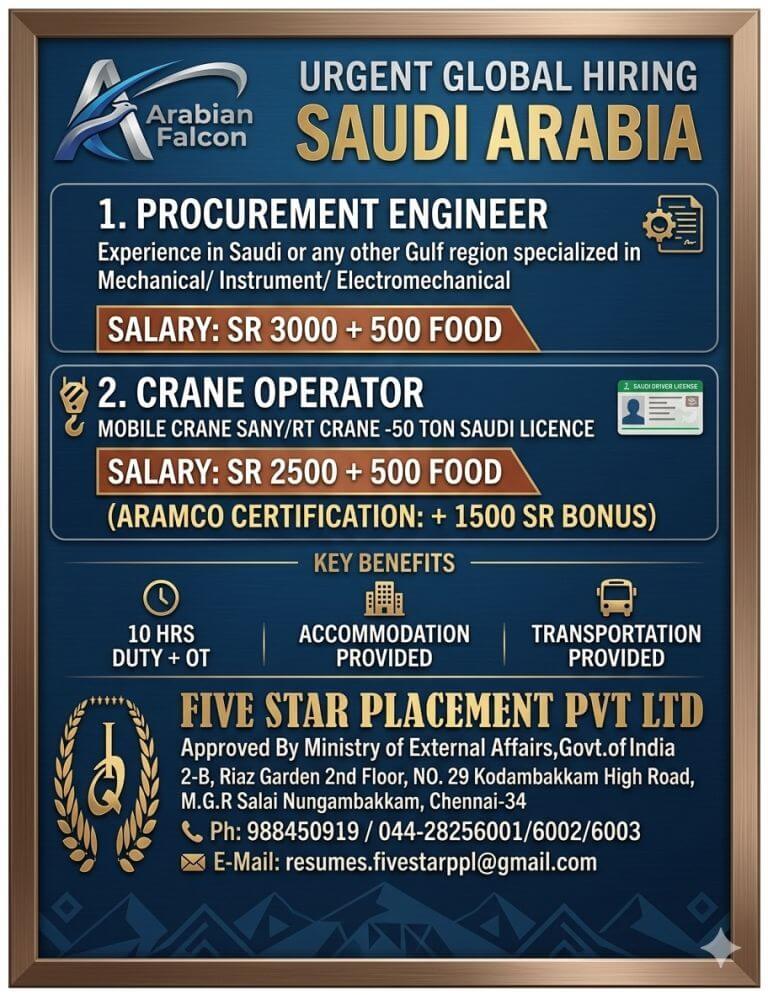 URGENT REQUIREMENT FOR SAUDI ARABIA