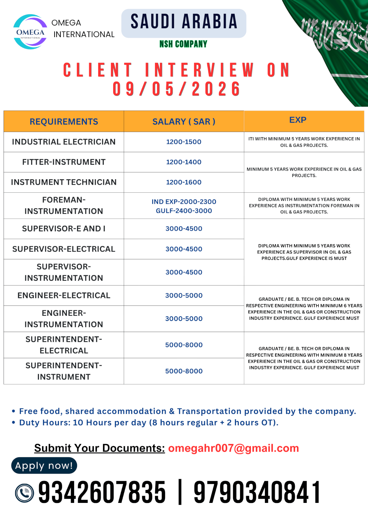 Urgently hiring for SAUDI ARABIA