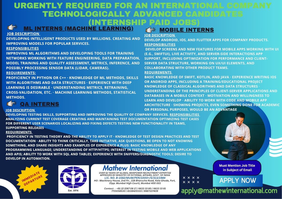 2 - URGENTLY REQUIRED FOR AN INTERNATIONAL COMPANY - TECHNOLOGICALLY ADVANCED CANDIDATES (internship paid jobs)