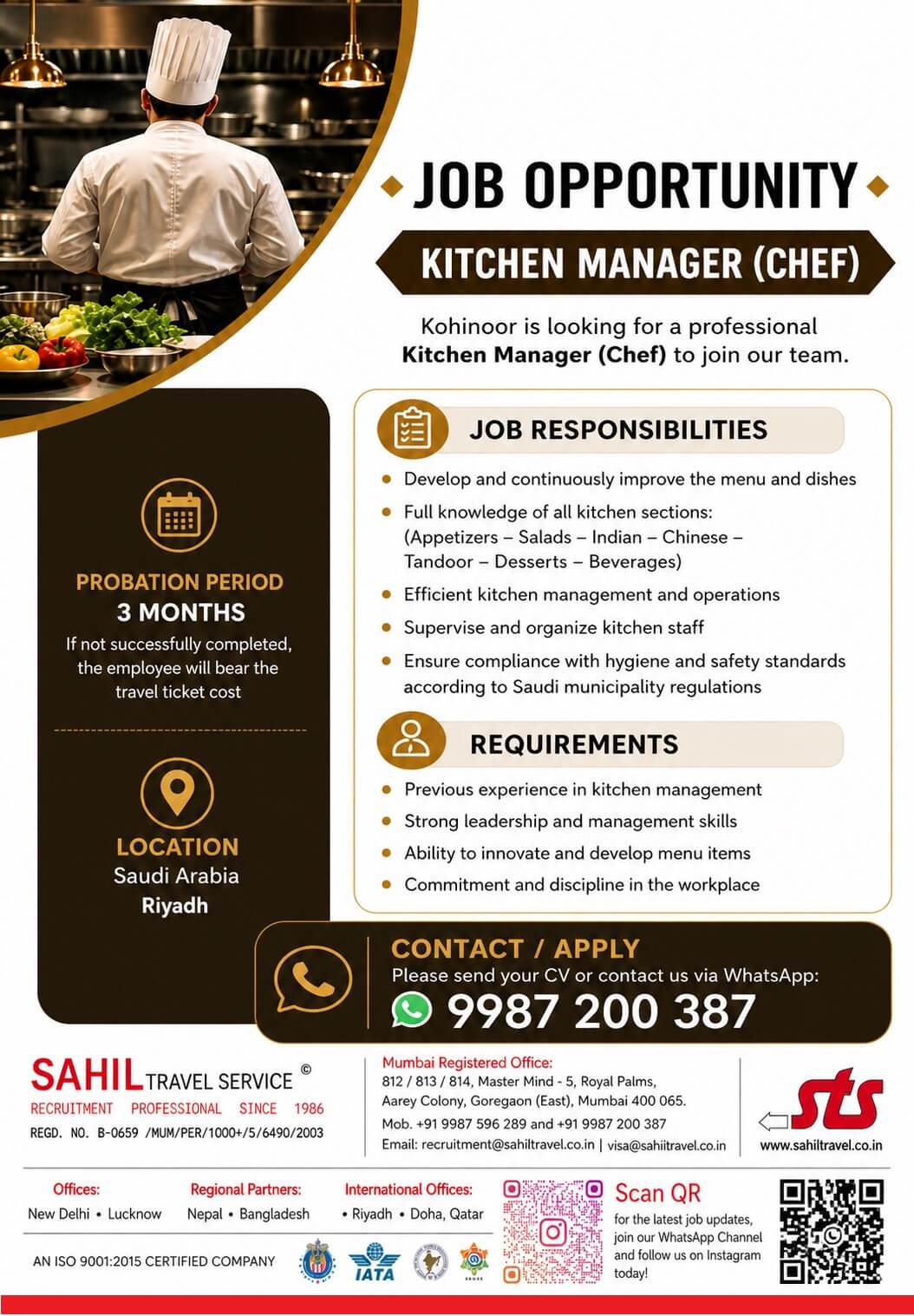 A leading Reputed Restaurant in Riyadh, Saudi for immediate deployment.