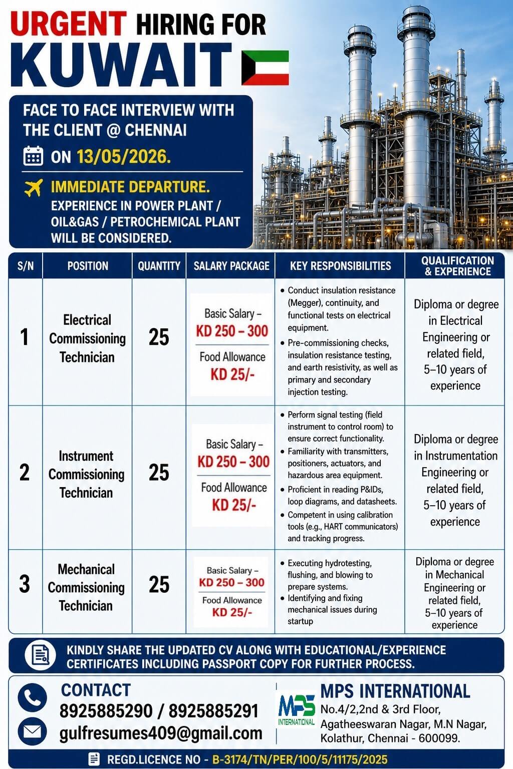 URGENT HIRING FOR KUWAIT FACE TO FACE INTERVIEW WITH THE CLIENT @ CHENNAI ON 13/05/2026