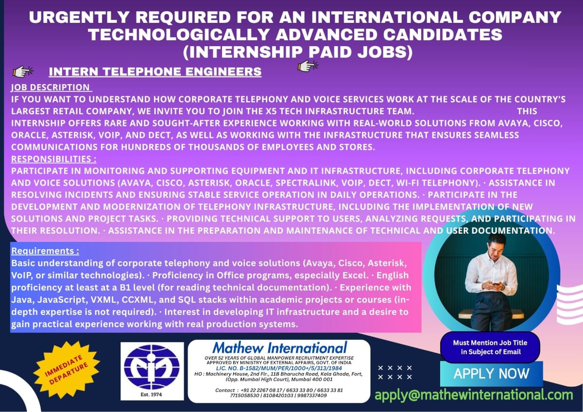 4 - URGENTLY REQUIRED FOR AN INTERNATIONAL COMPANY - TECHNOLOGICALLY ADVANCED CANDIDATES (internship paid jobs)