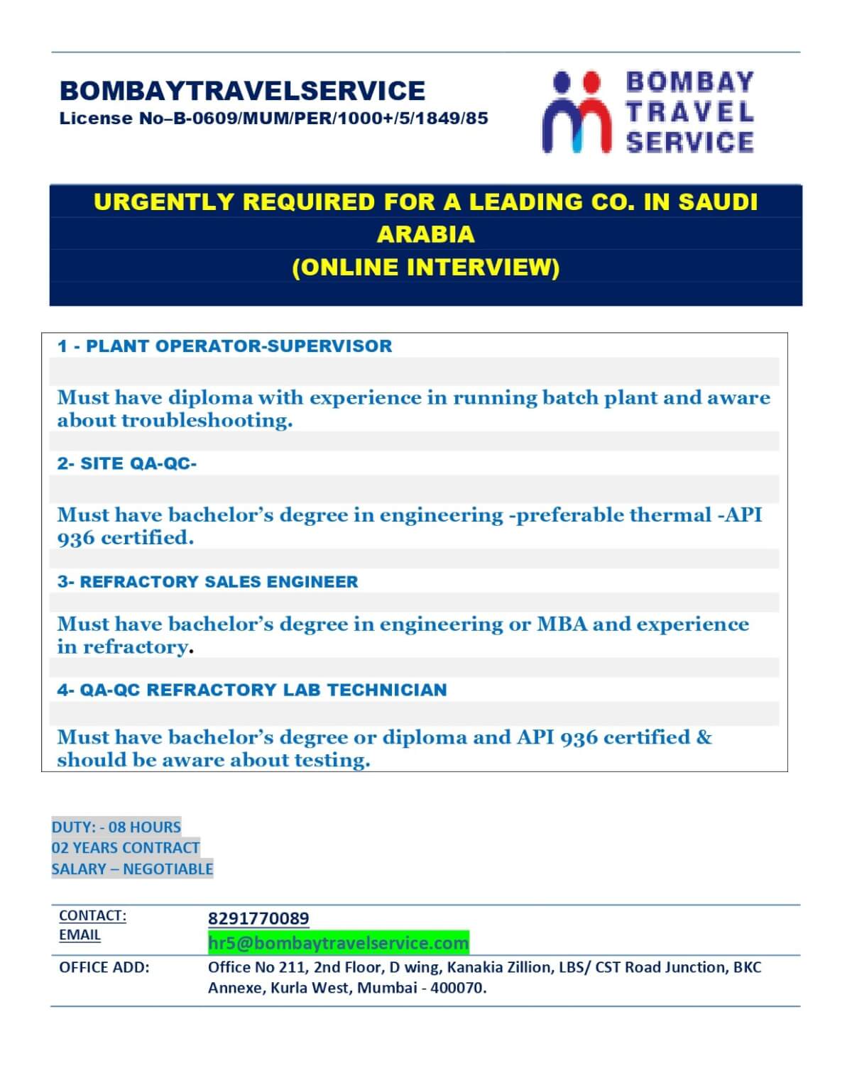 URGENTLY REQUIRED REFACTRY QC INSPECTOR FOR SAUDI ARABIA