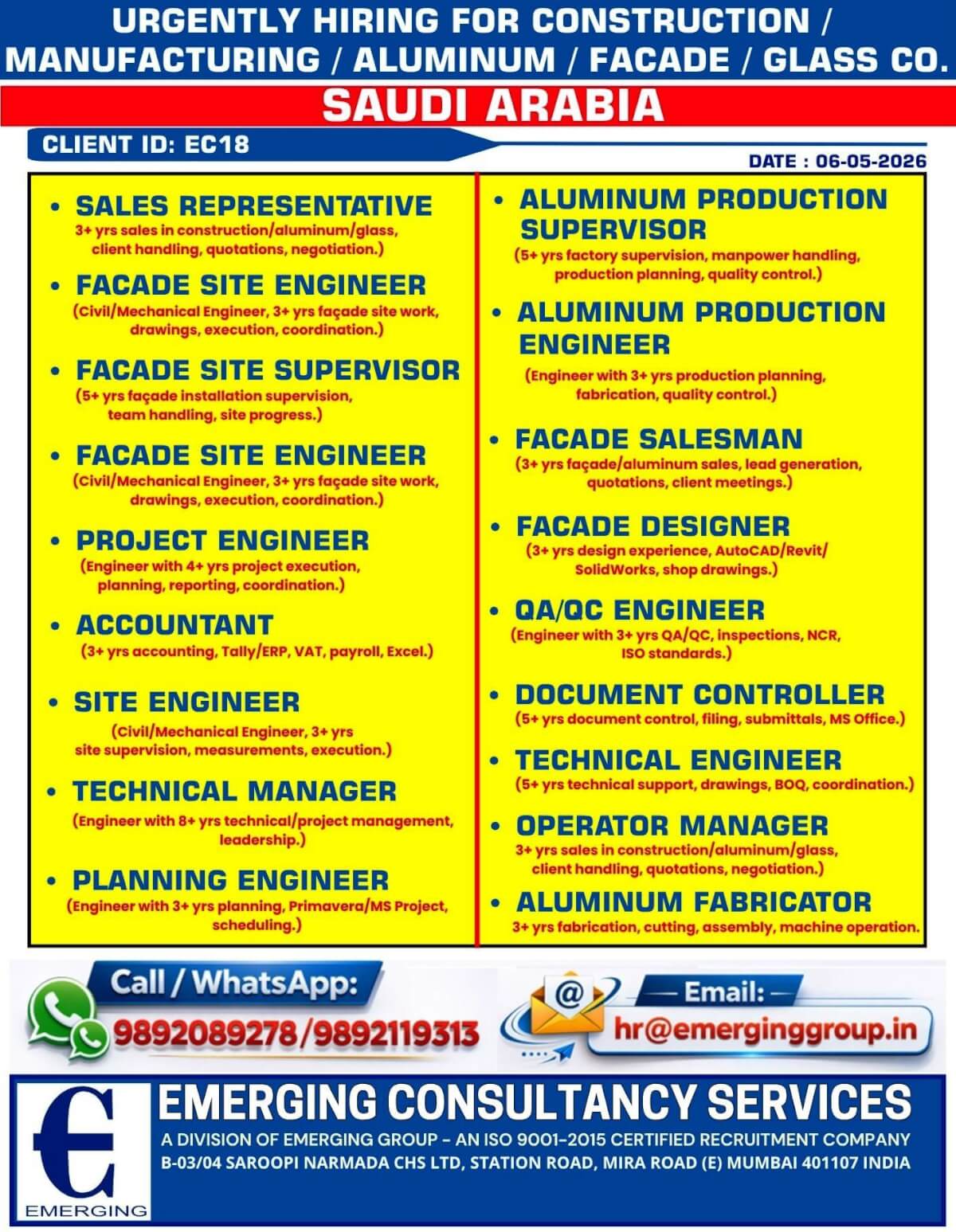 URGENTLY HIRING FOR Construction /  Manufacturing / Aluminum / Facade / Glass CO. SAUDI ARABIA