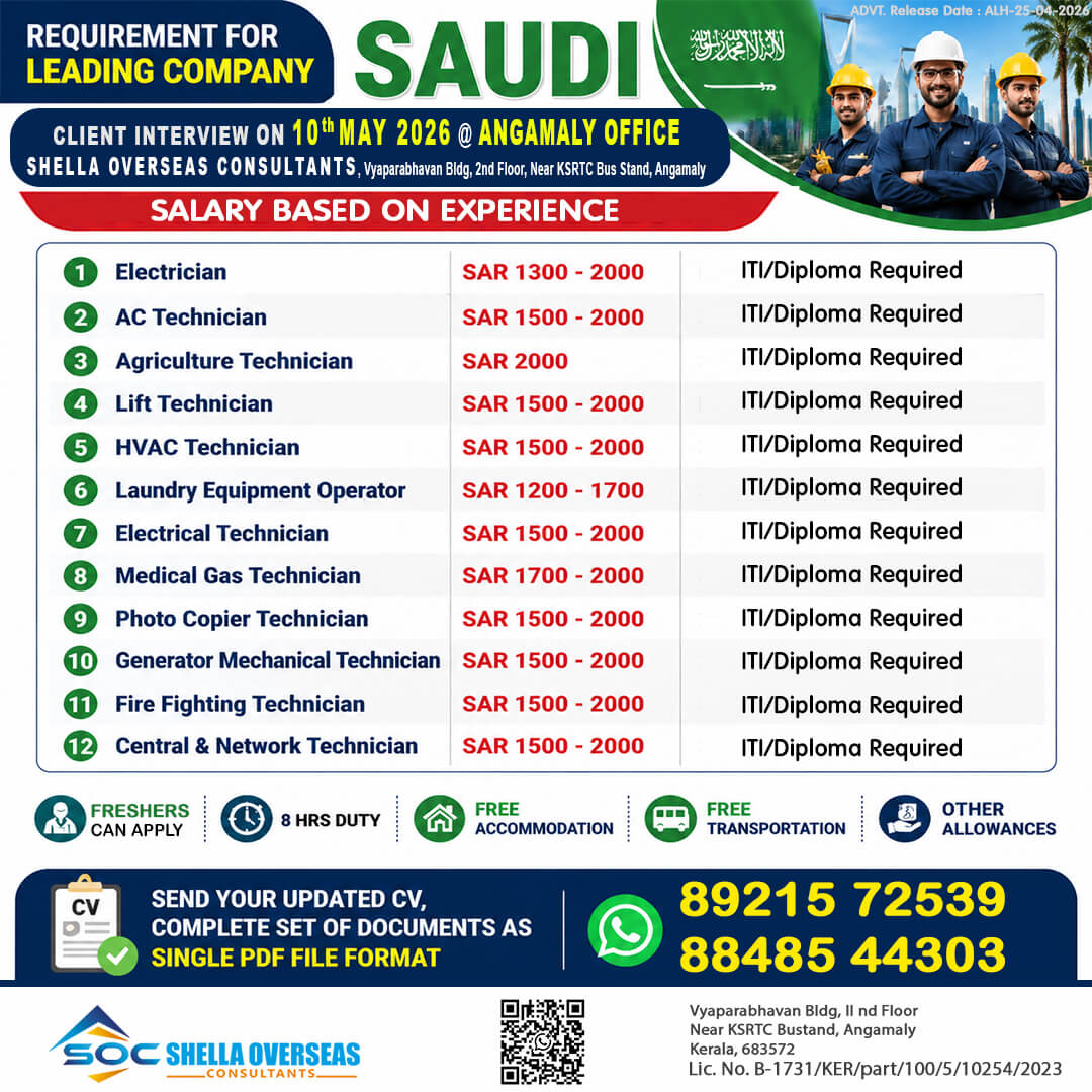 Electrician, Lift, Generator Mechanical, Central & Network, Ac, Hvac, Photo Copier, Medical Gas, Laundry Equipment Operator, Fire Fighting, Agriculture Saudi