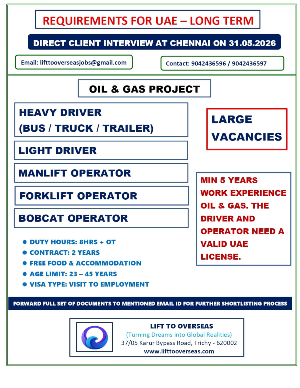 HEAVY DRIVER (BUS / TRUCK / TRAILER), LIGHT DRIVER , MANLIFT OPERATOR, FORKLIFT OPERATOR, BOBCAT OPERATOR. HEAVY DRIVER (BUS / TRUCK / TRAILER), LIGHT DRIVER , MANLIFT OPERATOR, FORKLIFT OPERATOR, BOBCAT OPERATOR.