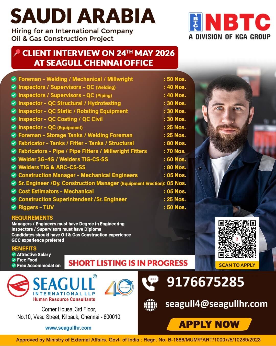 VERY URGENT REQUIREMENTS FOR OIL & GAS LONG TIME PROJECT AT SAUDI ARABIA - KSA