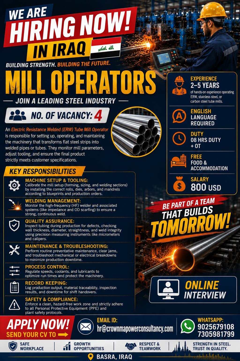Hiring Now Mill operators - steel trading and manufacturing Company Hiring Now Mill operators - steel trading and manufacturing Company