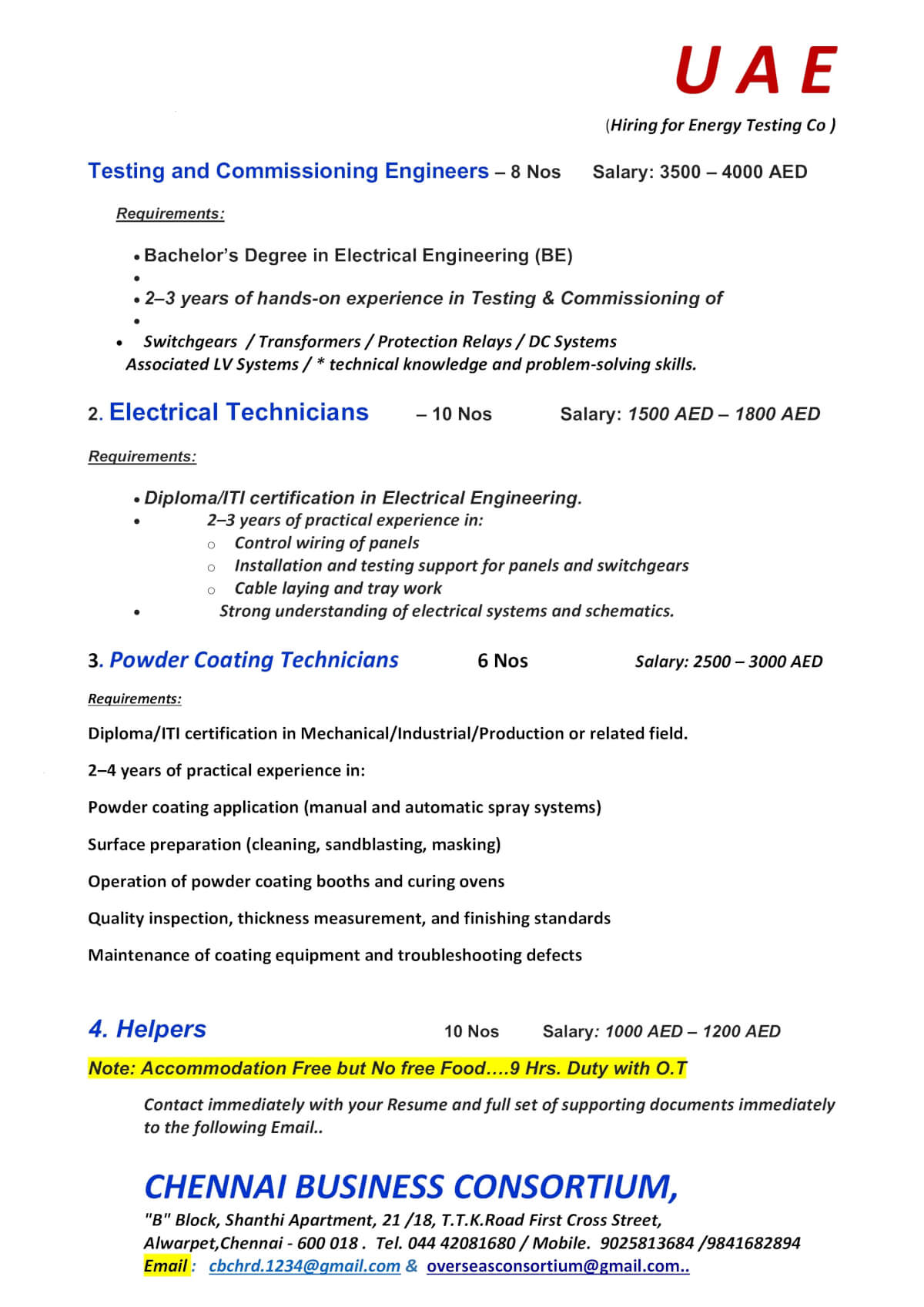 TESTING $ COMMISSIONING ENGINEERS, POWDER COATING ENGINEERS, ELECTRICAL TECHNICIANS TESTING $ COMMISSIONING ENGINEERS, POWDER COATING ENGINEERS, ELECTRICAL TECHNICIANS