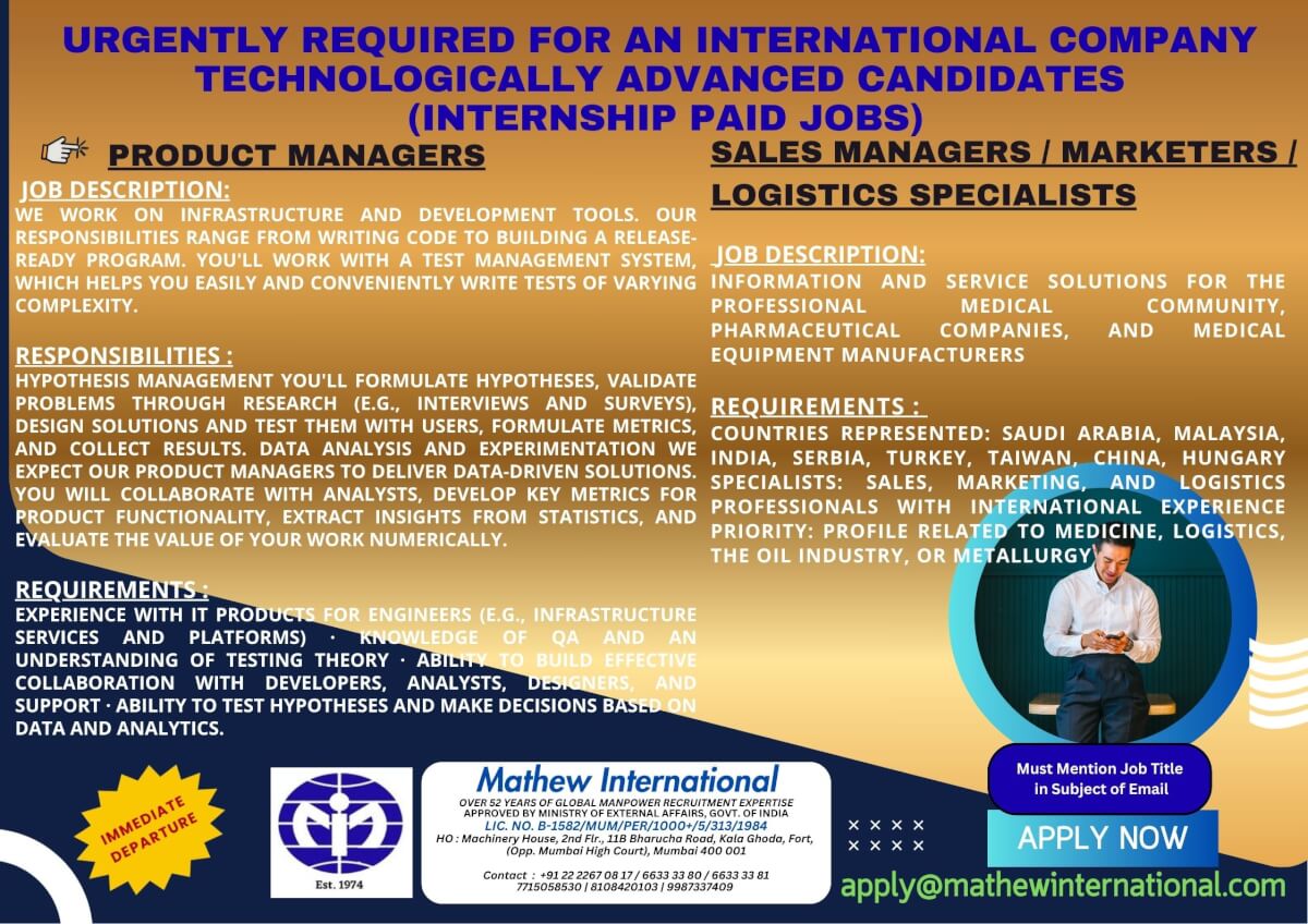9 - URGENTLY REQUIRED FOR AN INTERNATIONAL COMPANY - TECHNOLOGICALLY ADVANCED CANDIDATES (internship paid jobs) 9 - URGENTLY REQUIRED FOR AN INTERNATIONAL COMPANY - TECHNOLOGICALLY ADVANCED CANDIDATES (internship paid jobs)