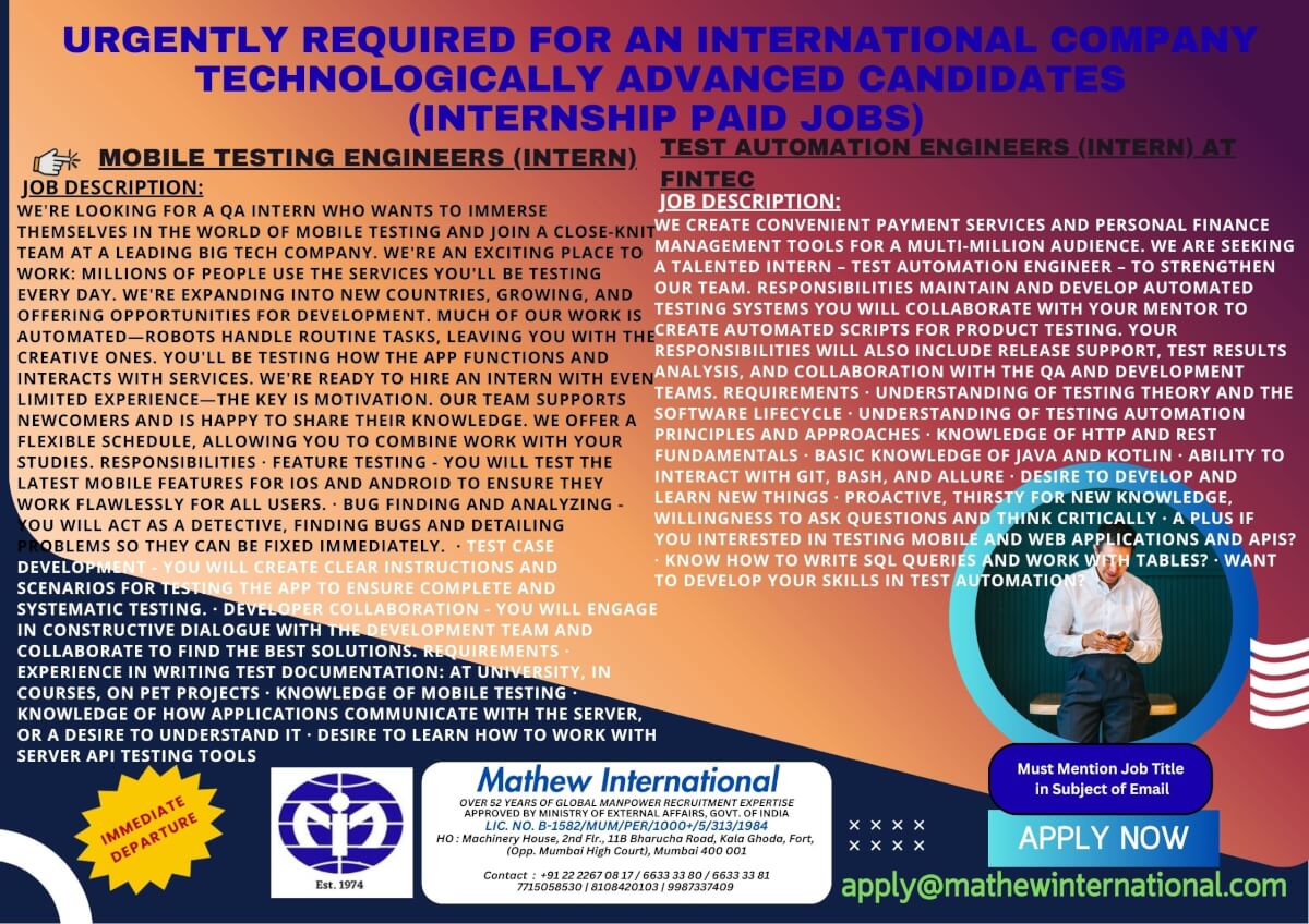 10 - URGENTLY REQUIRED FOR AN INTERNATIONAL COMPANY - TECHNOLOGICALLY ADVANCED CANDIDATES (internship paid jobs) 10 - URGENTLY REQUIRED FOR AN INTERNATIONAL COMPANY - TECHNOLOGICALLY ADVANCED CANDIDATES (internship paid jobs)