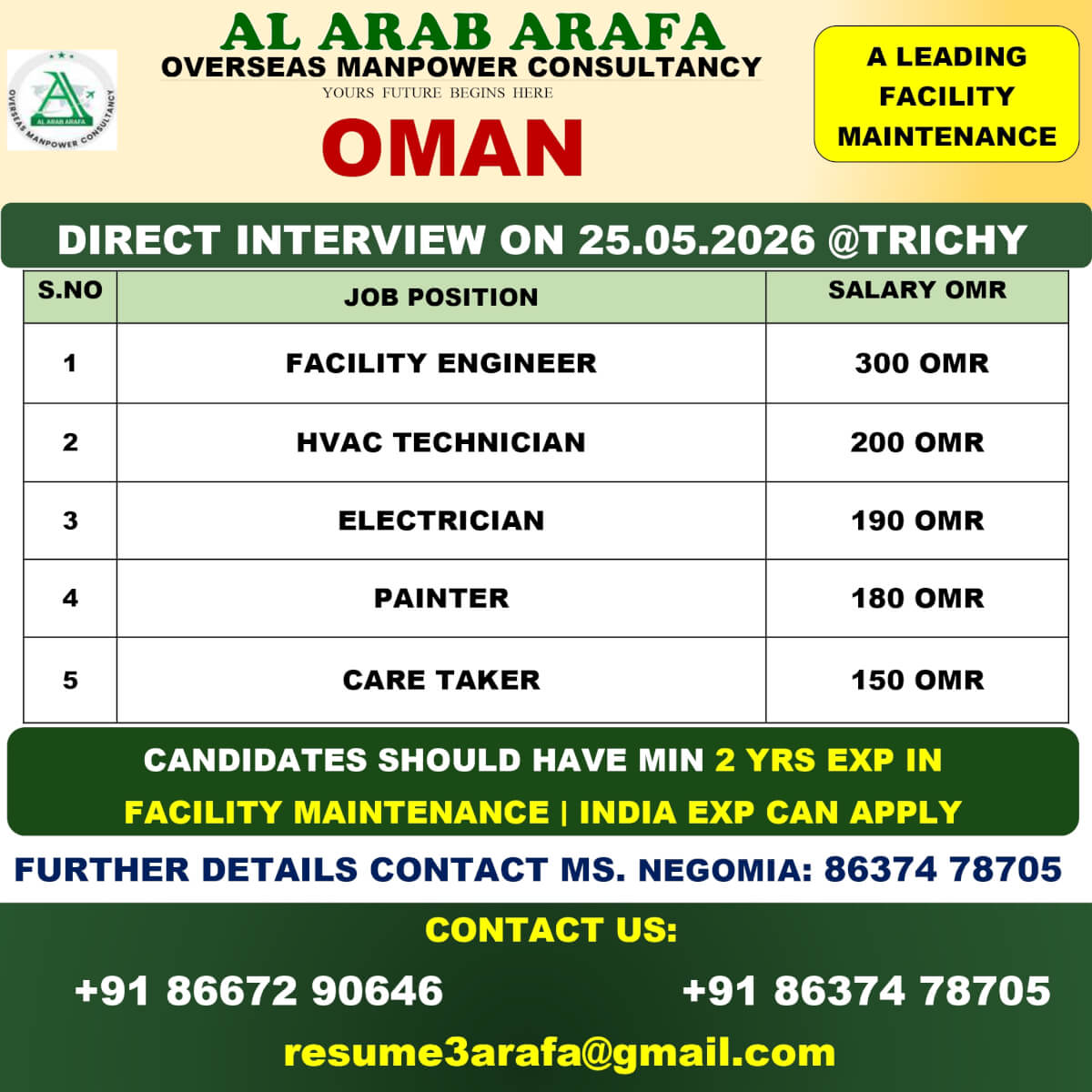 DIRECT INTERVIEW ON 25.05.2026 @ TRICHY